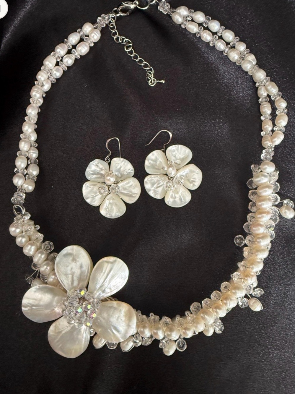 Pearl Floral Statement Necklace & Earrings Set - White